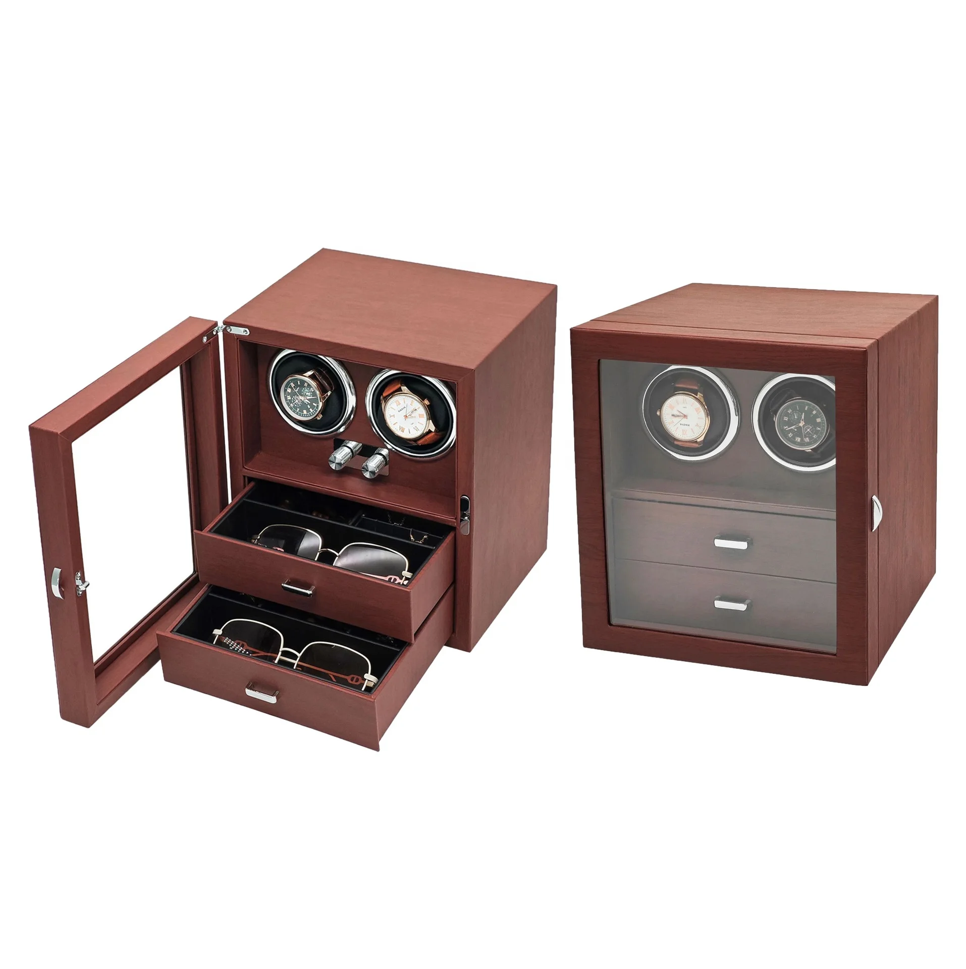 

Luxury Rosewood Grain PU Automatic Watch Winder Wood Quiet Rotating Display Box Multi-functional 2 Layer Jewelry Storage Box