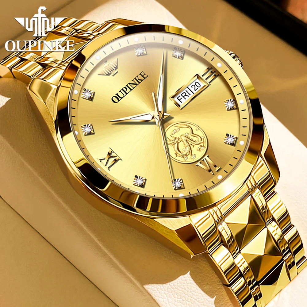 OUPINKE Top Brand Luxury Real Gold Sculpture Dragon Design Mechanial Watch for Men Imported MIYOTA Movement Automatic Man Watch