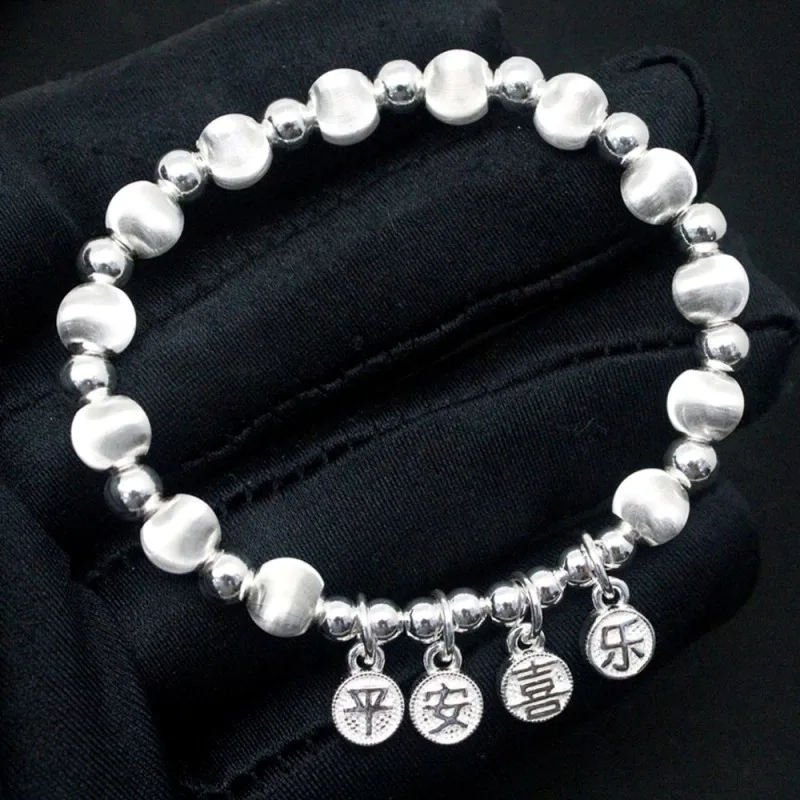 

Real Pure 999 Fine Silver Chain Women 7mm Cat's Eyes Beads Round Bracelet 20-21g