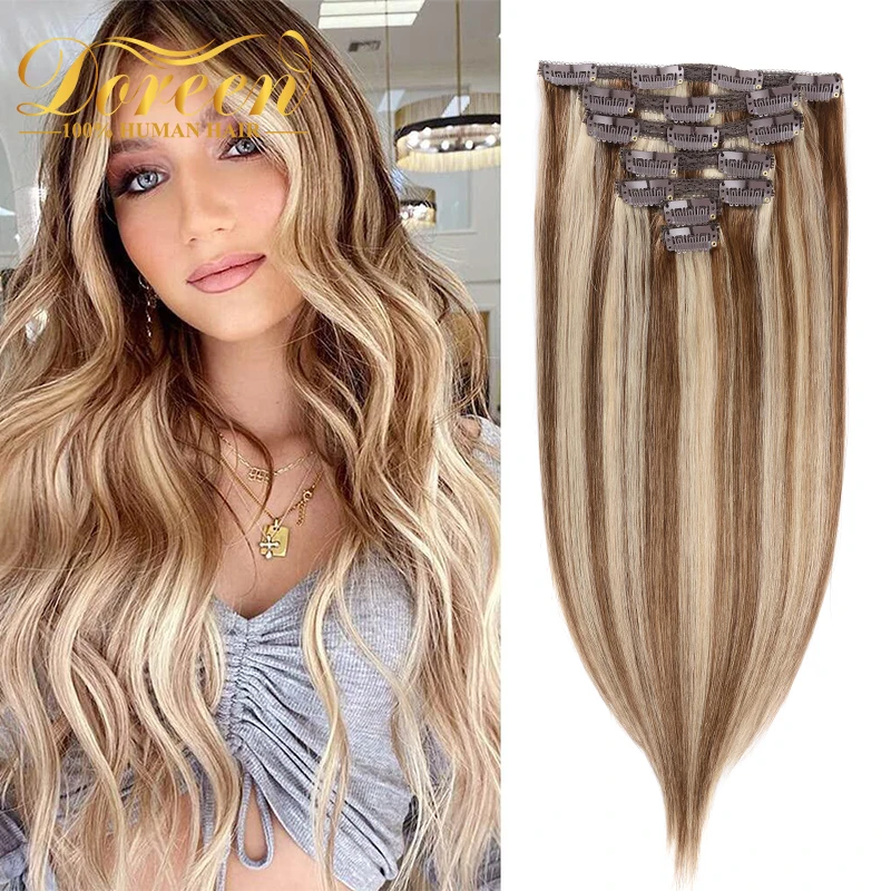 Clipe Remy brasileiro em extensões de cabelo humano, cabeça cheia, marrom a loira série de volume, 160g, 200g, 240g, 16 "a 24", 10pcs