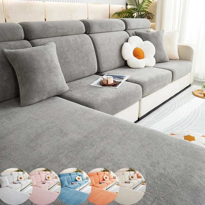 Simple Solid Color Fleece Sofa Cover 1/2/3/4 Seater Universal Couch Slipcovers Dustproof Non-slip Elastic Settee Cushion Covers