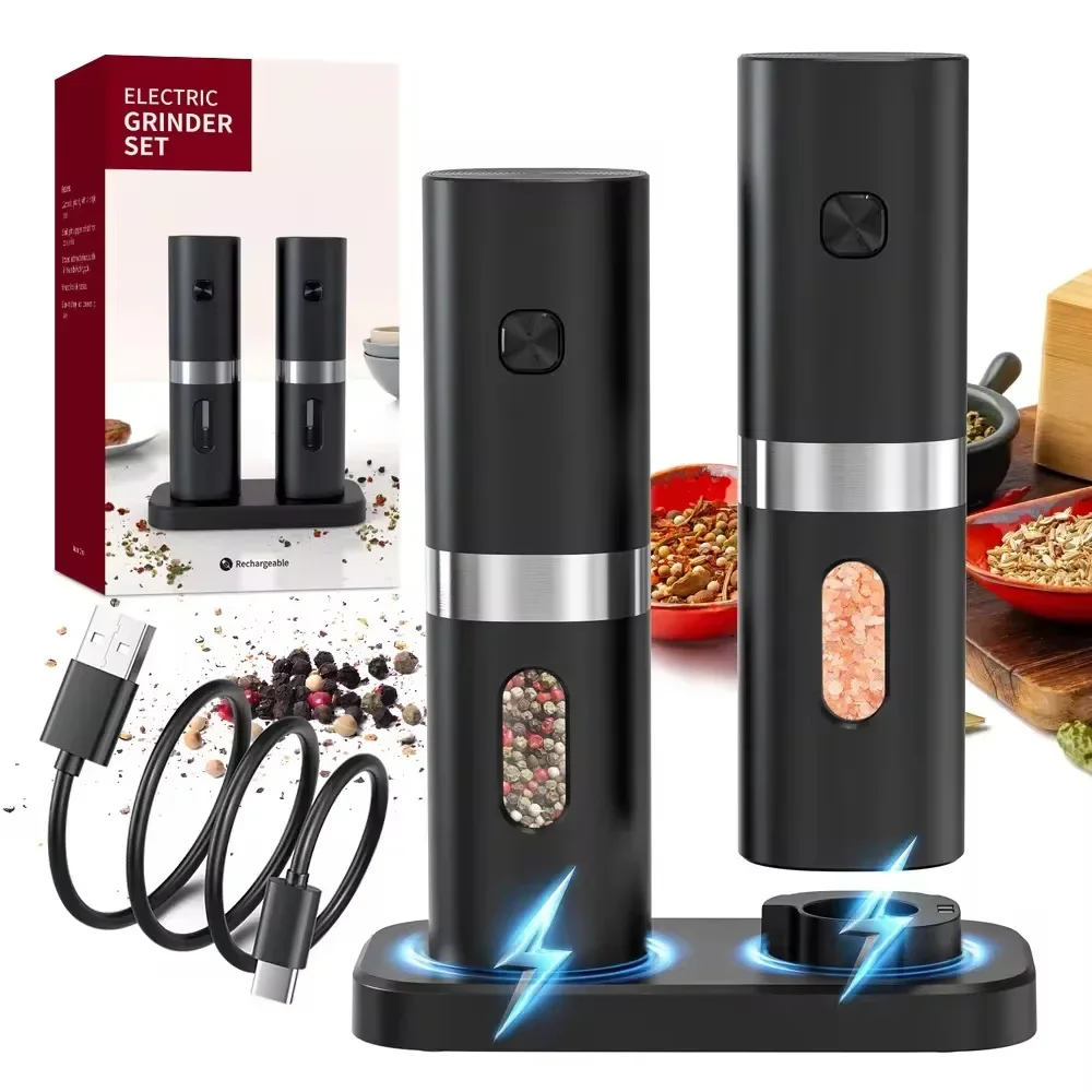 

Electric Salt and Pepper Grinder Set Rechargeable Automatic Pepper Mill Adjustable Coarseness with Charging Base & LED Light