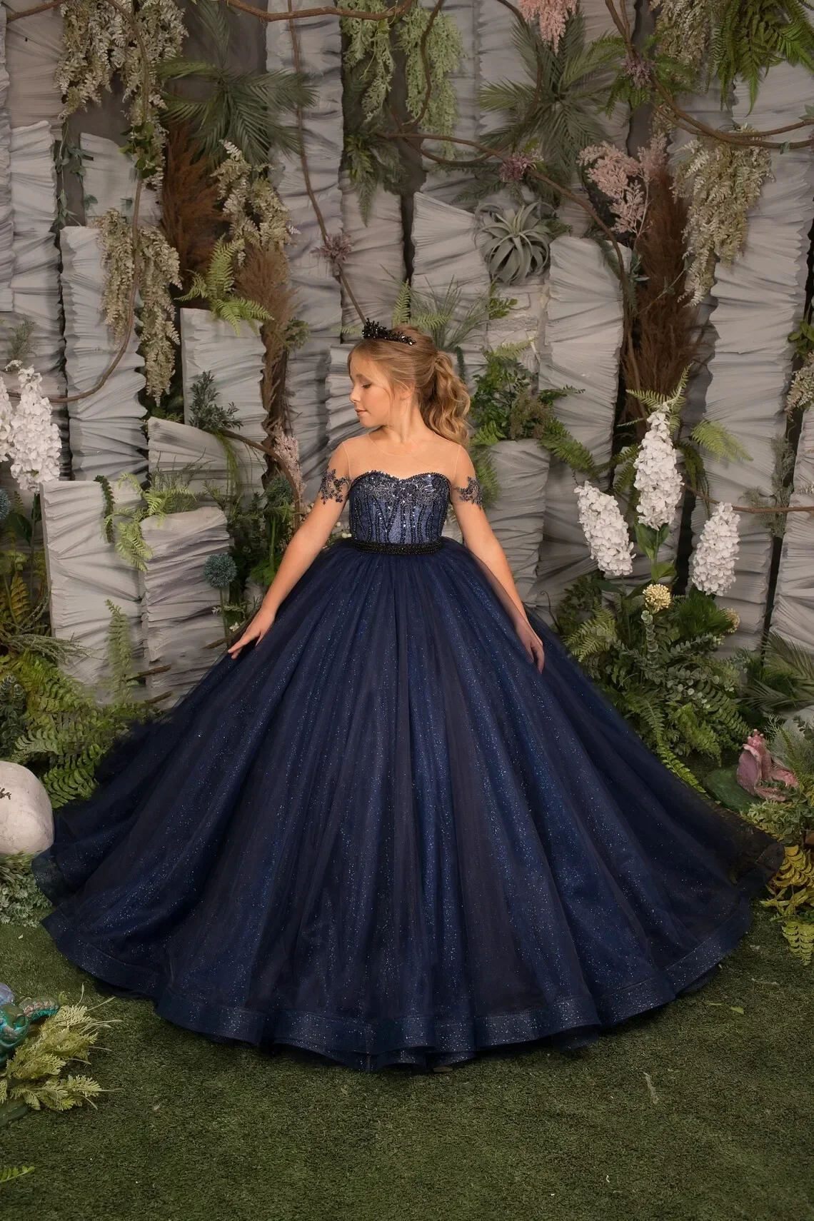 Glitter Prinses Bloemenmeisje Jurken Lange Kralen Marineblauwe Kind Tule Verjaardag Trouwjurk Appliques Formele Prom Jurk