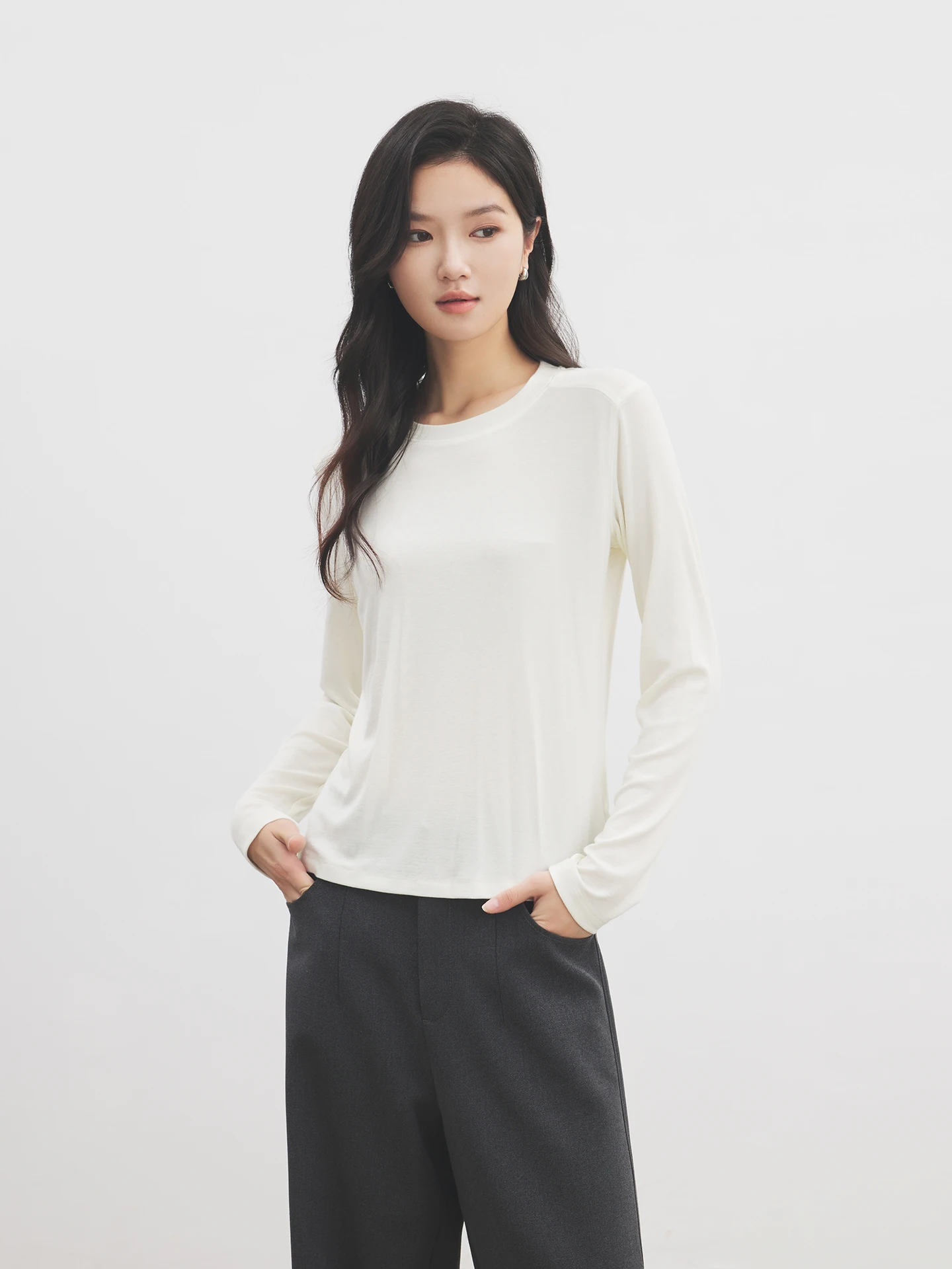 

Женская облегающая трикотажная базовая кофта Annata из модала, для ранней весны, мягкая, однотонная, с круглым вырезом, с длинными рукавами