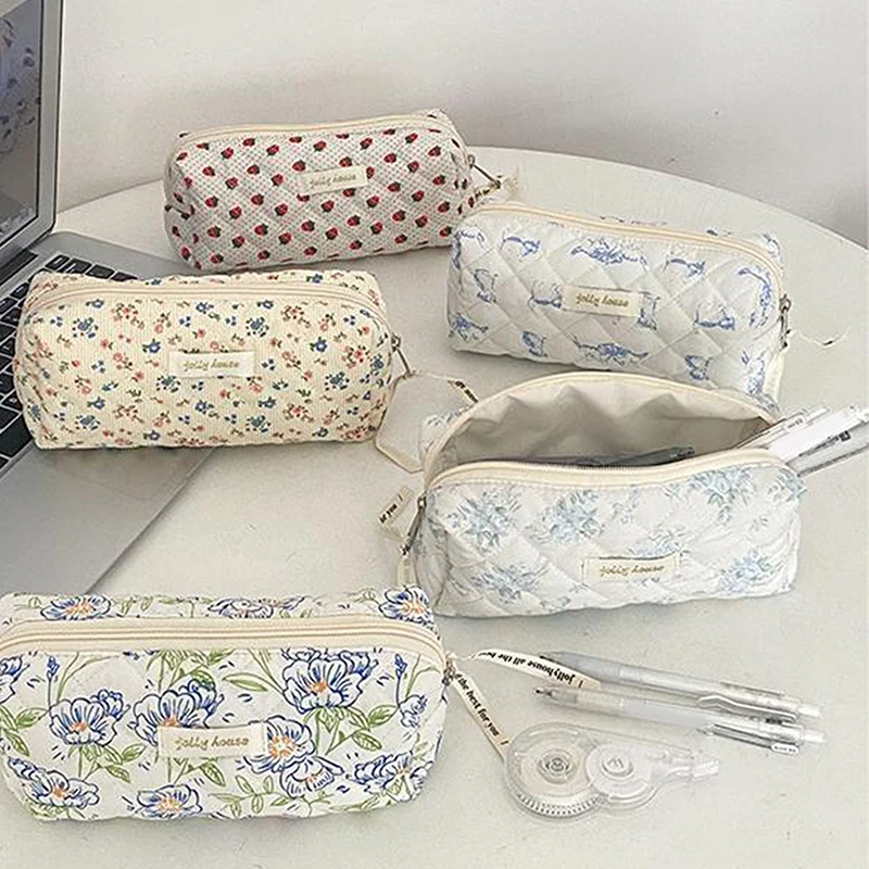 Pencil Case Korean Style Simple Floral Pencil Pouch For Student Soft Cotton Large Capacity Stationery Storage Bag