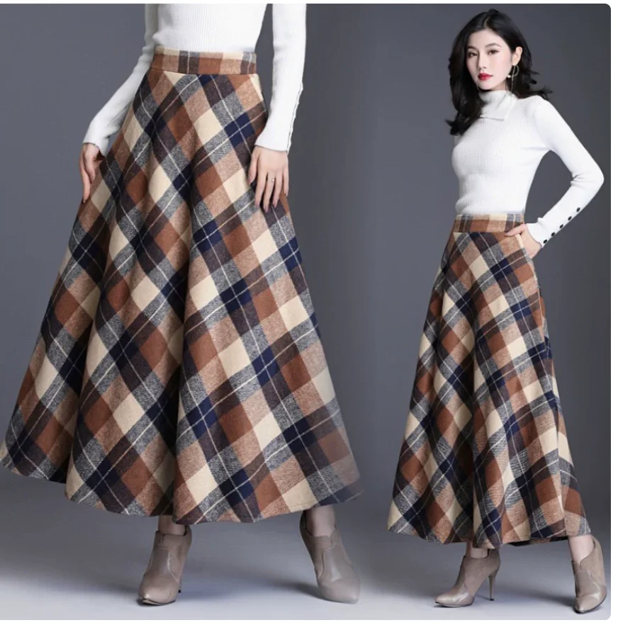 1pcs/lot korean style woman long wool blend plaid skirt female autumn winter long plaid skirt
