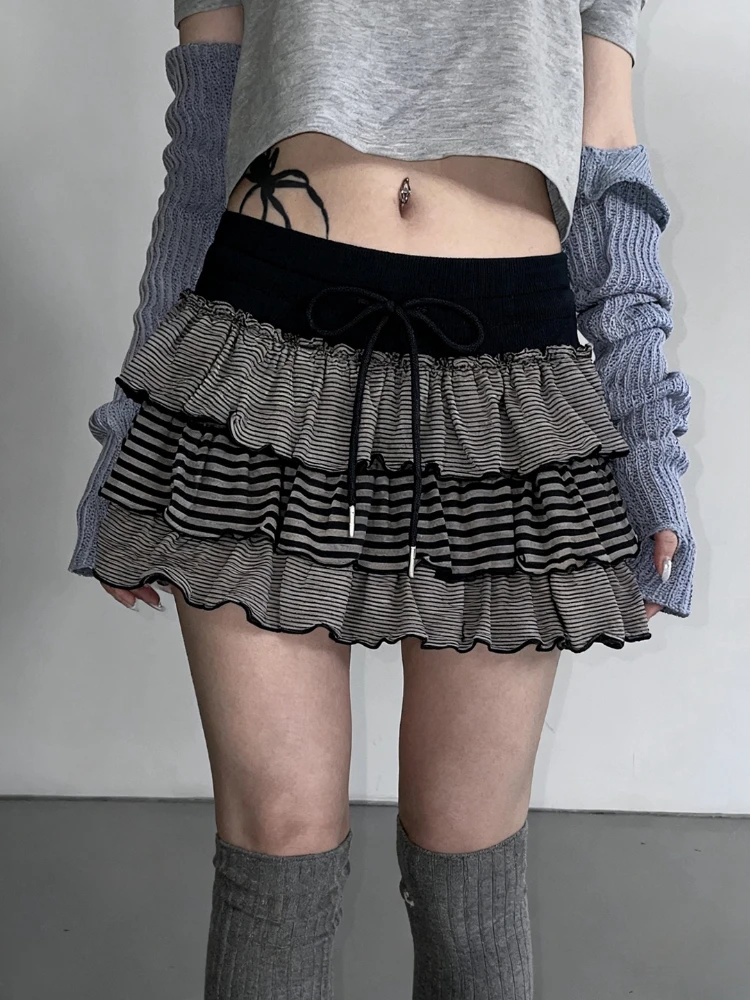 

Y2k Эстетические контрастные цветные полосатые женские юбки Harajuku бальное платье с высокой талией уличная мини-юбка винтажный торт с рюшами Faldas