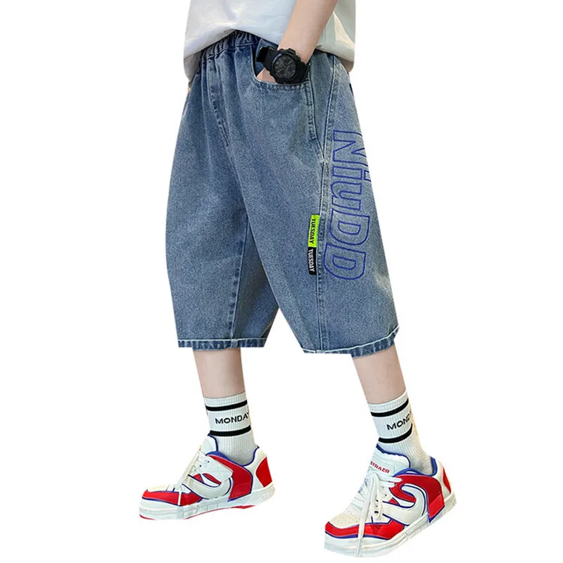 Teen Boys Shorts Jeans Children Baggy Fashion Straight Vintage Streetwear Denim 2024 Summer Loose Kids Denim Short Pants 10 12 Y