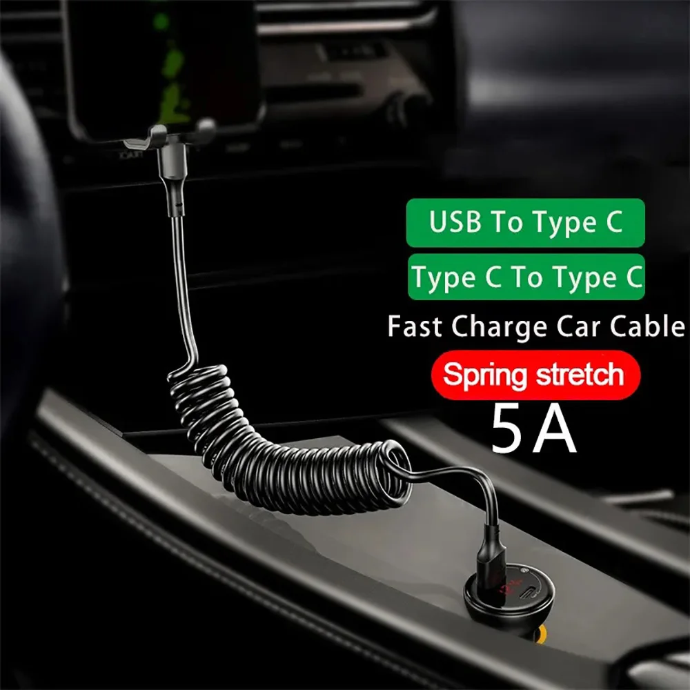 66W 5A Fast Charging Type C Cable Spring Telescopic Car Phone Charger USB Cable For Samsung Xiaomi Redmi USB C Charging Cable