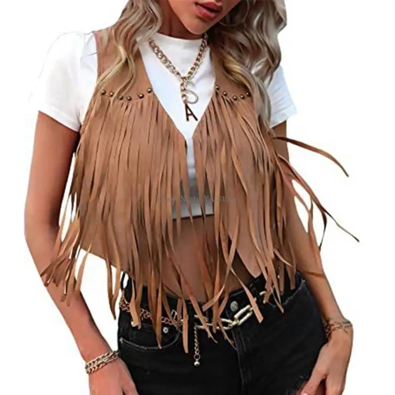  Women Fringe Vest Suedes Tassels Open Front Cardigan Sleeveless Vest Outwear