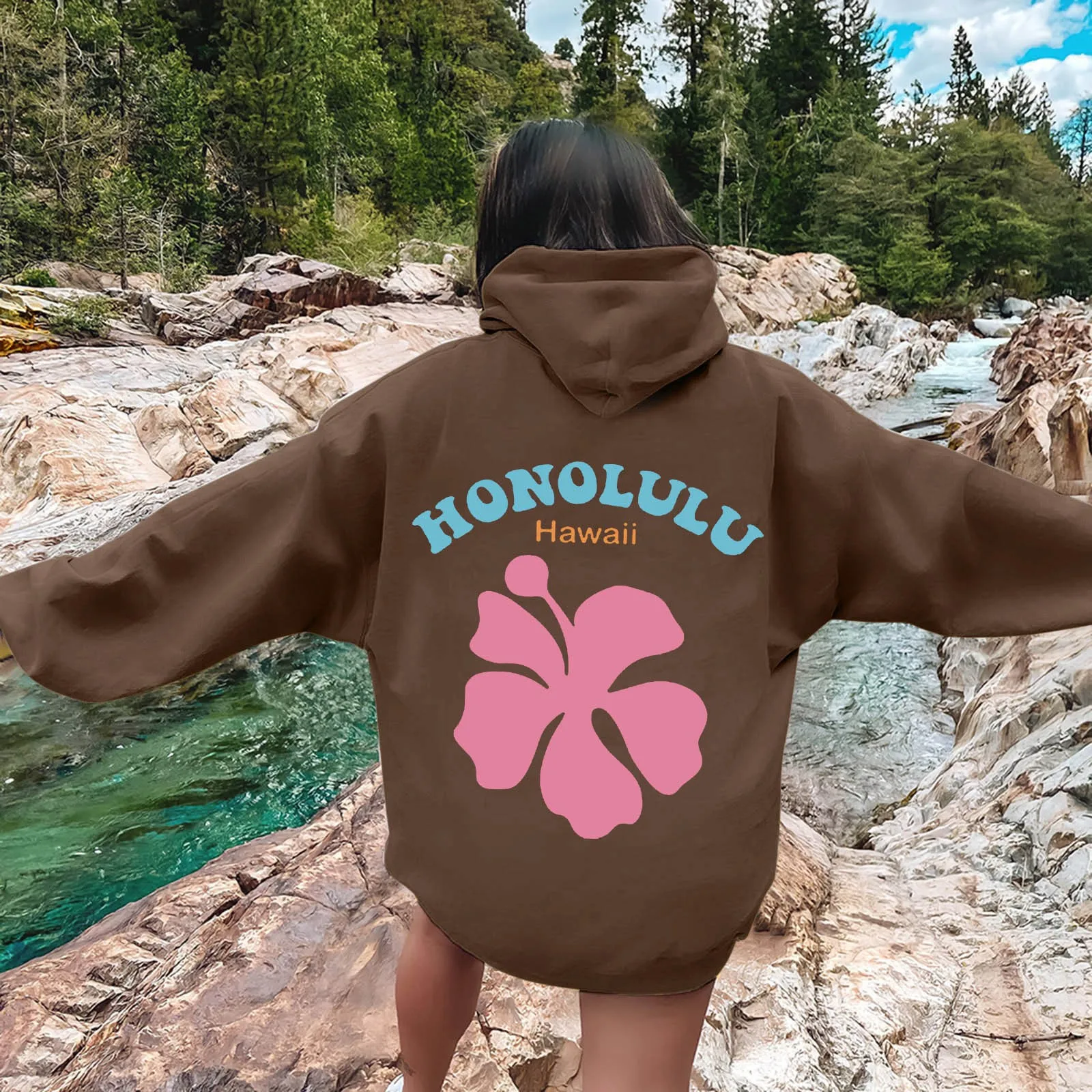 

Hoodies High Quality Pullover Female Prevalent Sweatshirt Honolulu Hawaii Pink Flower Graphic Printed Hooded Women Oversized