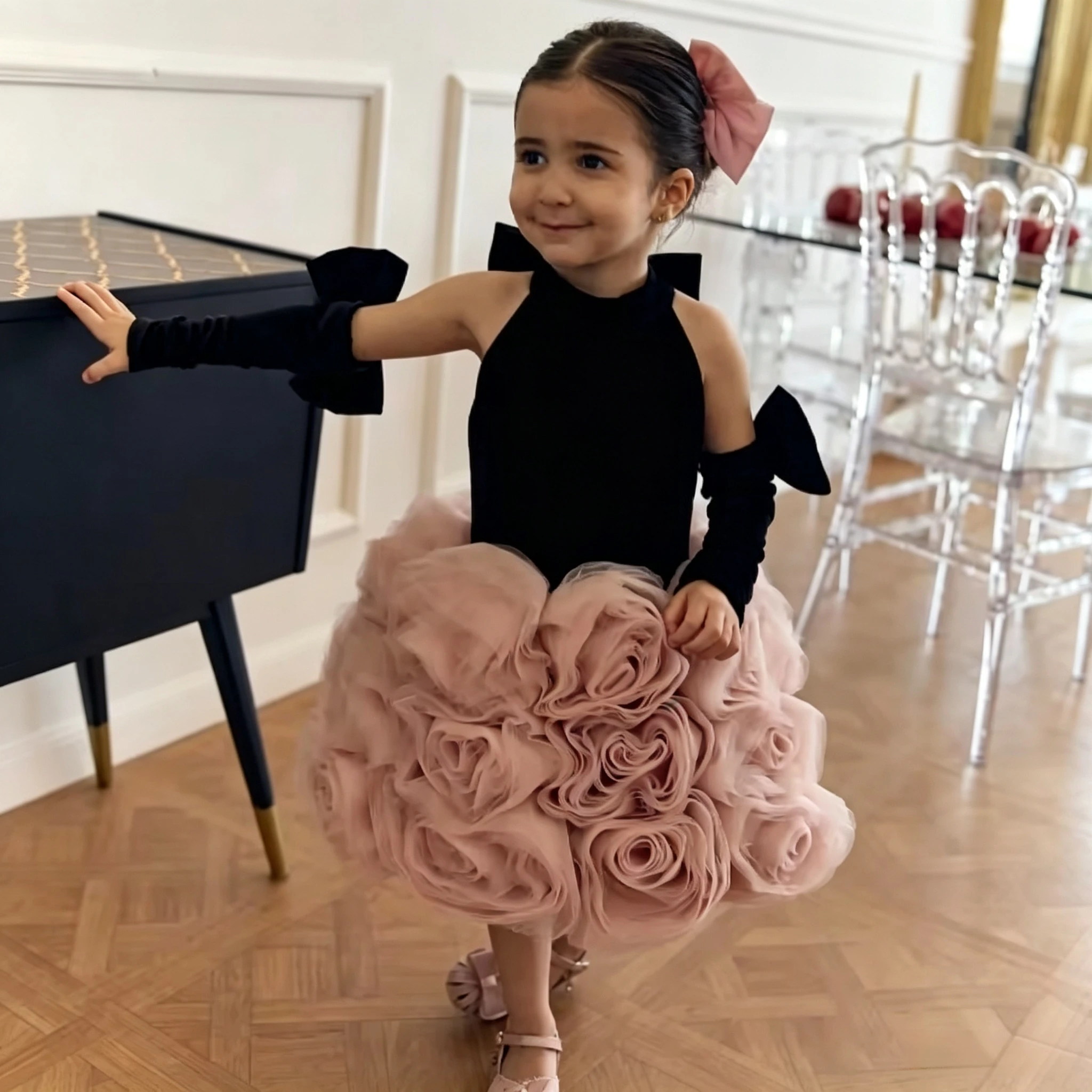 Cute Girls Birthday Tutu Dress Black Halter Velvet Bodice 3D Floral Pink Tulle Skirt With Bow Party Gown Pageant Gown