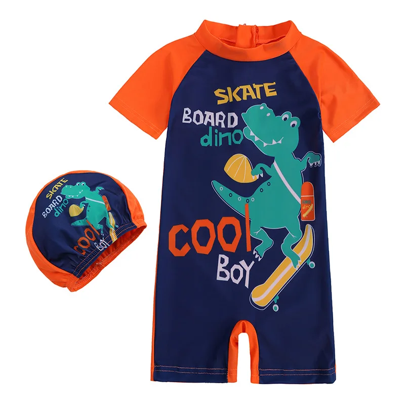 1-8Y 2pcs/set Boys One Piece Swimming Suit for Baby Infant Toddler Swim Surf Wear Child Kids Dinosaur Shark Print With Cap