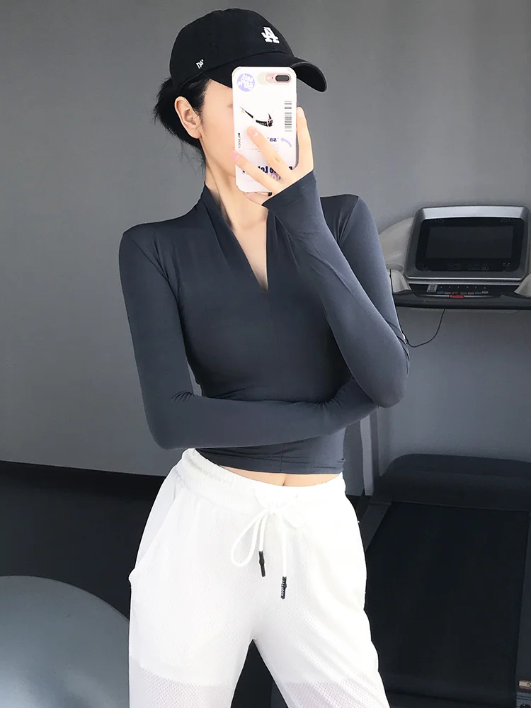 

Высококачественный женский топ для йоги с V-образным вырезом, облегающий, быстросохнущий, профессиональный, для бега и фитнеса, с длинным рукавом, осенне-зимний