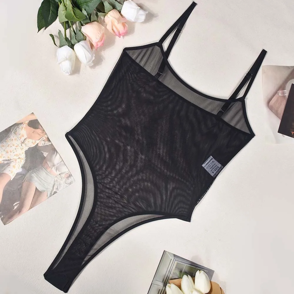 Ince Örgü Içi Boş Örgü Bodysuit Baharatlı Kız Tarzı şeffaf ağ Şeffaf Tulum Pijama Düz Renk Kadın Iç Çamaşırı Kadın