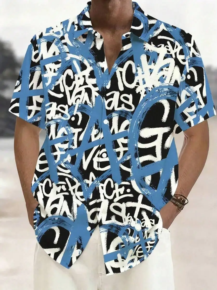 

Mens Streetwear Abstract Blue White Letter Print Casual Short Sleeve Button Up Shirt Lightweight Soft Touch