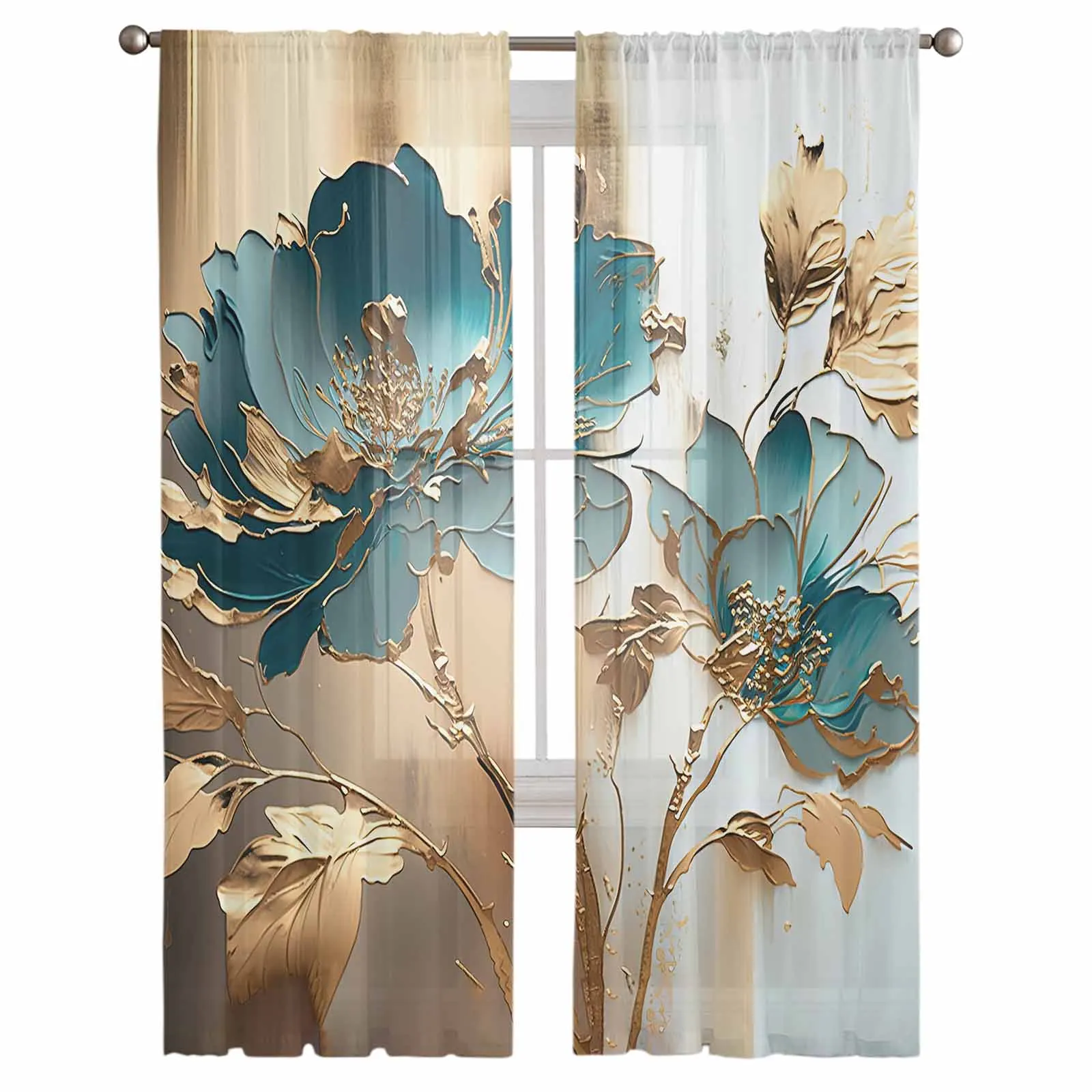 Oil Painting Metal Flowers Realistic Gold Foil Sheer Curtains For Living Room Modern Valance Curtains For Kitchen Tulle Curtains