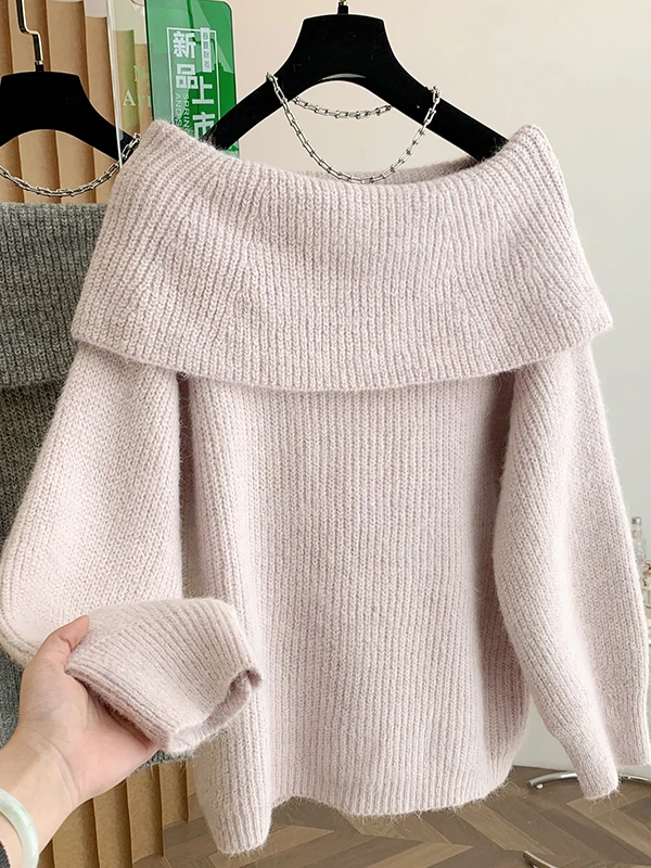 

oulder Bared Knitted Sweater Women's Spring Autumn plus Size Conceals Belly One oulder Design Base Layer Top
