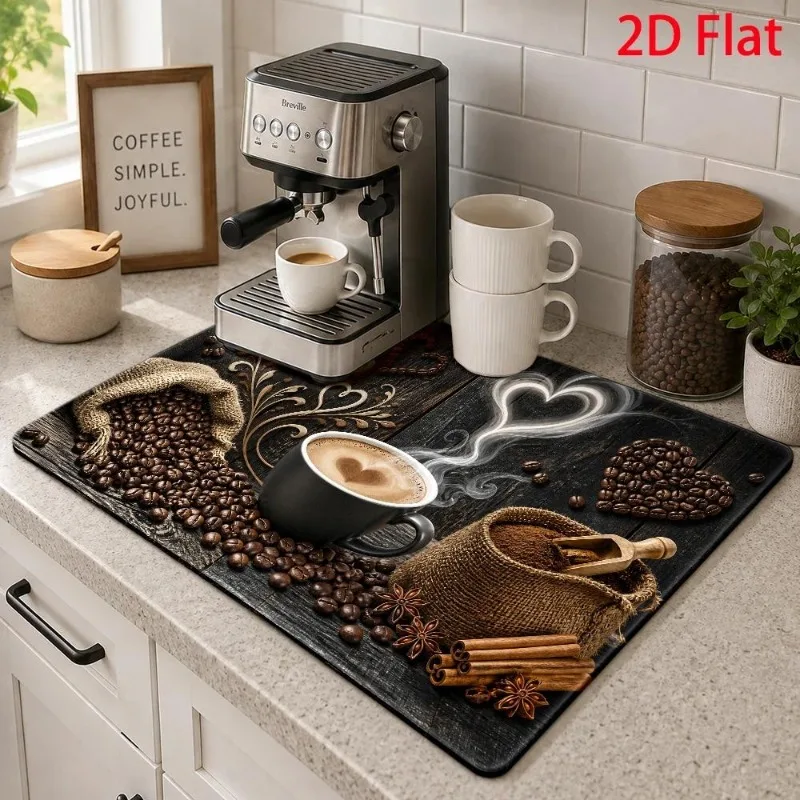 Coffee Bar Mat Vintage Wood Texture Spilled Coffee Bean Splatter Proof Heart Latte Art Runner