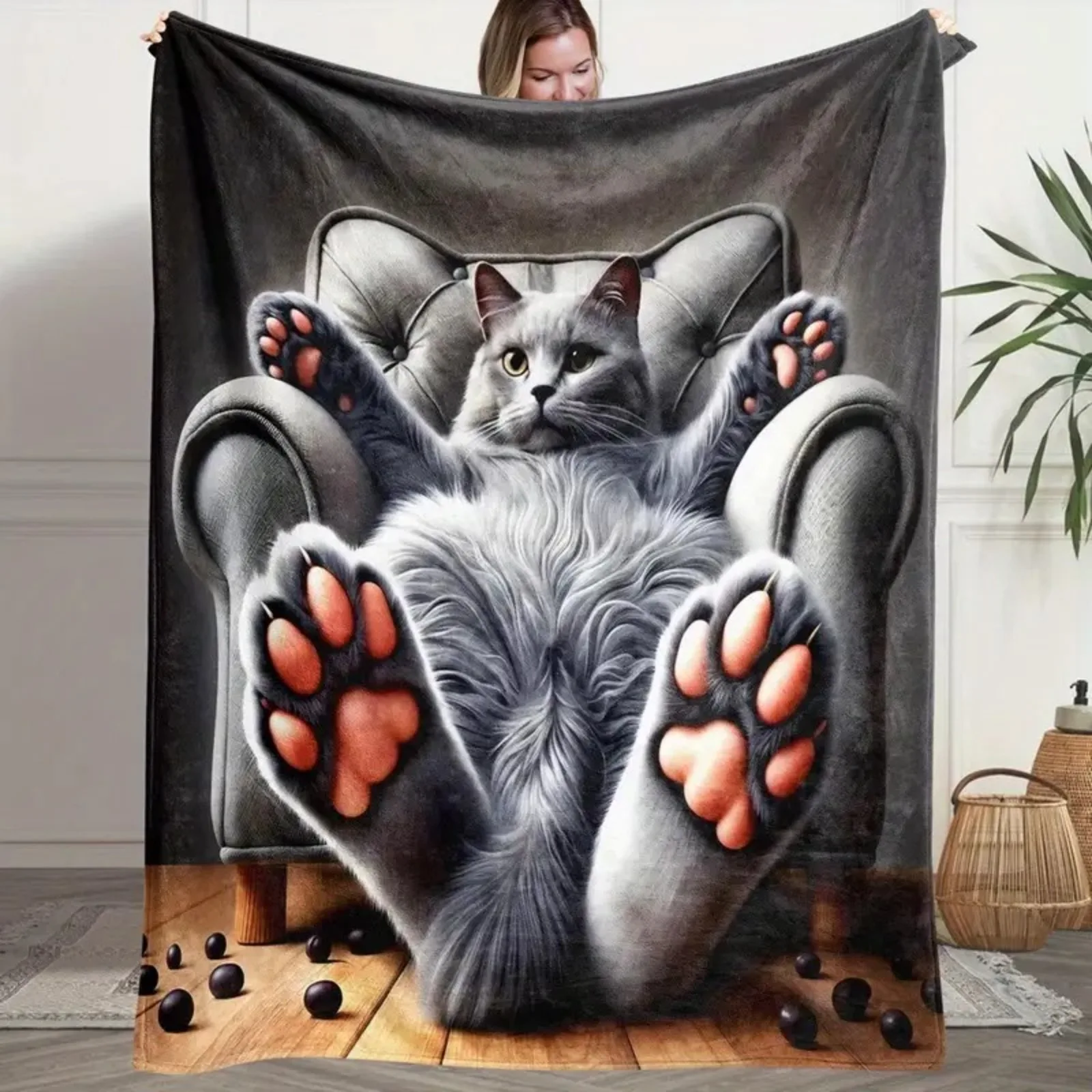 Large Cute Cat Artwork Throw Blanket Polyester Plush Couch Chair Decor Nap Lap Blanket Gift for Animal Lovers Xmas Home Decor