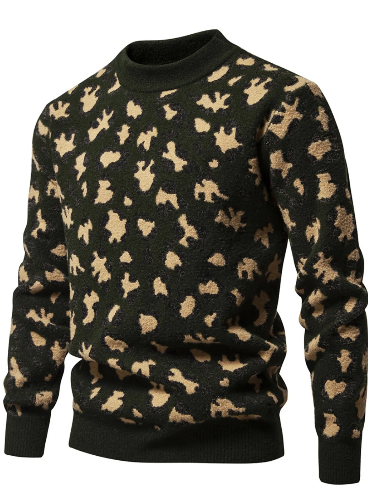 

Повседневный свитер с леопардовым принтом, мужской базовый слой, трикотаж, удобный длинный свек из полиэфирного волокна, круглый Ne, весенне-осенняя одежда