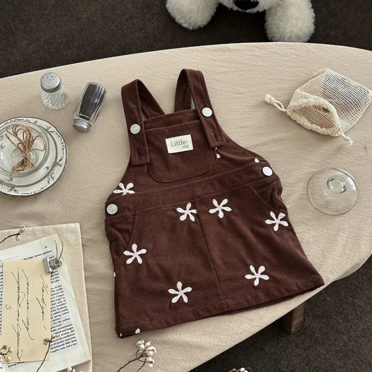 Korean Style Baby Girls Clothes Corduroy Flower Embroidery Strap Skirt Breathable Casual Cute Sweet Indoor Spring Autumn Outfit