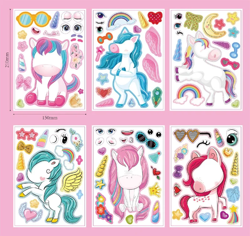 6 Sheets/Set Cartoon Unicorn Make A Face Assemble DIY Sticker Children Handmade Creative Kawaii Stickers Decoration