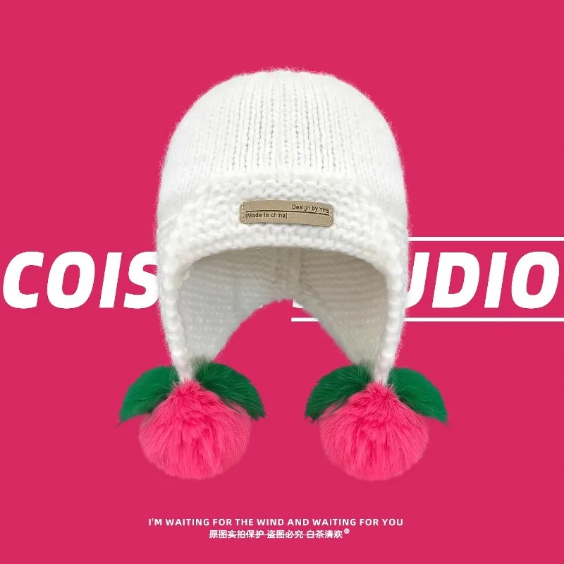 여성용 겨울 스트리트 따뜻한 보호용 귀덮개 다용도 파일럿 모자, 한국 도파민 대비 색상 폼폼 니트 비니