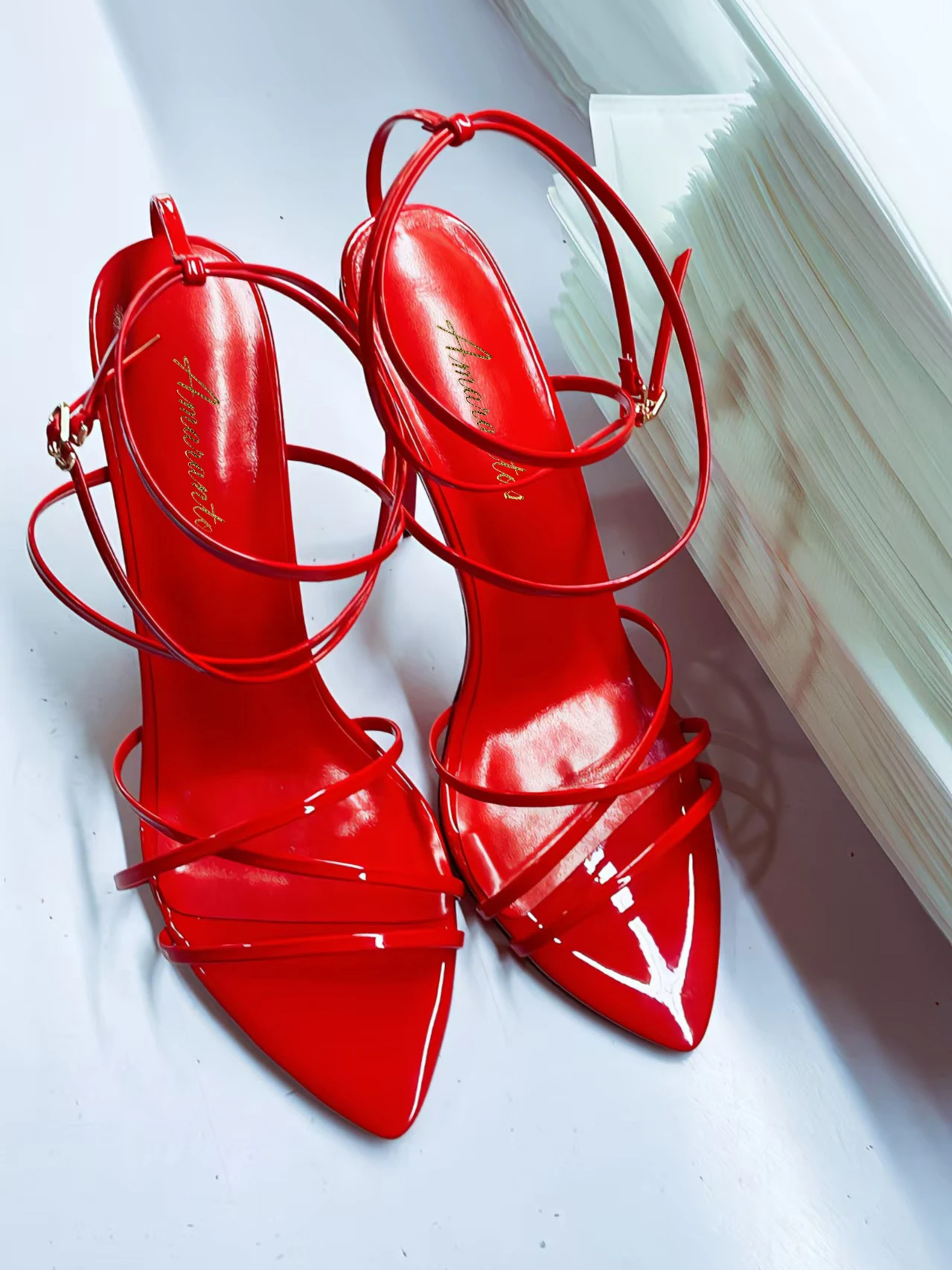 

New European and American red-soled high-heeled pointed toe sandals, sexy plus-size straight buckle cross-strap high heels