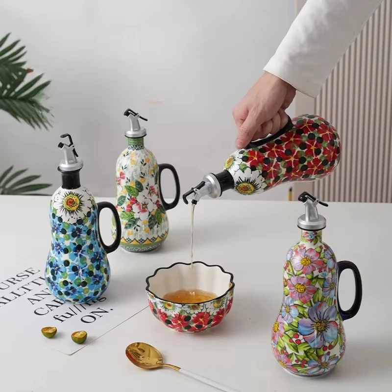 Botella de aceite de oliva de cerámica, plantas y flores, salsa de soja, vinagre, cocina multifuncional, botella de drenaje de condimentos, accesorios de cocina