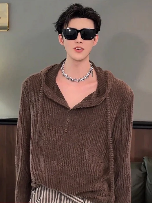 

Coffe Brown Loose Knitted Hoodie Men's Autumn Lazy Sle Casual Sweater Inner Wear Outerwear Comfortable Soft Long Sve