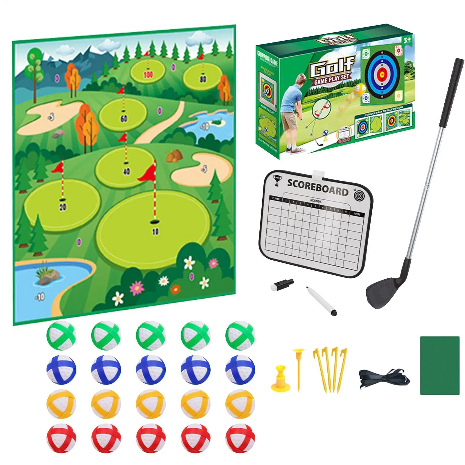 Sticky Golf Chipping Mat Game Portable Hitting Pad Double Sided Golf Game Kit with 20 Balls for Kids Family Outdoor Home