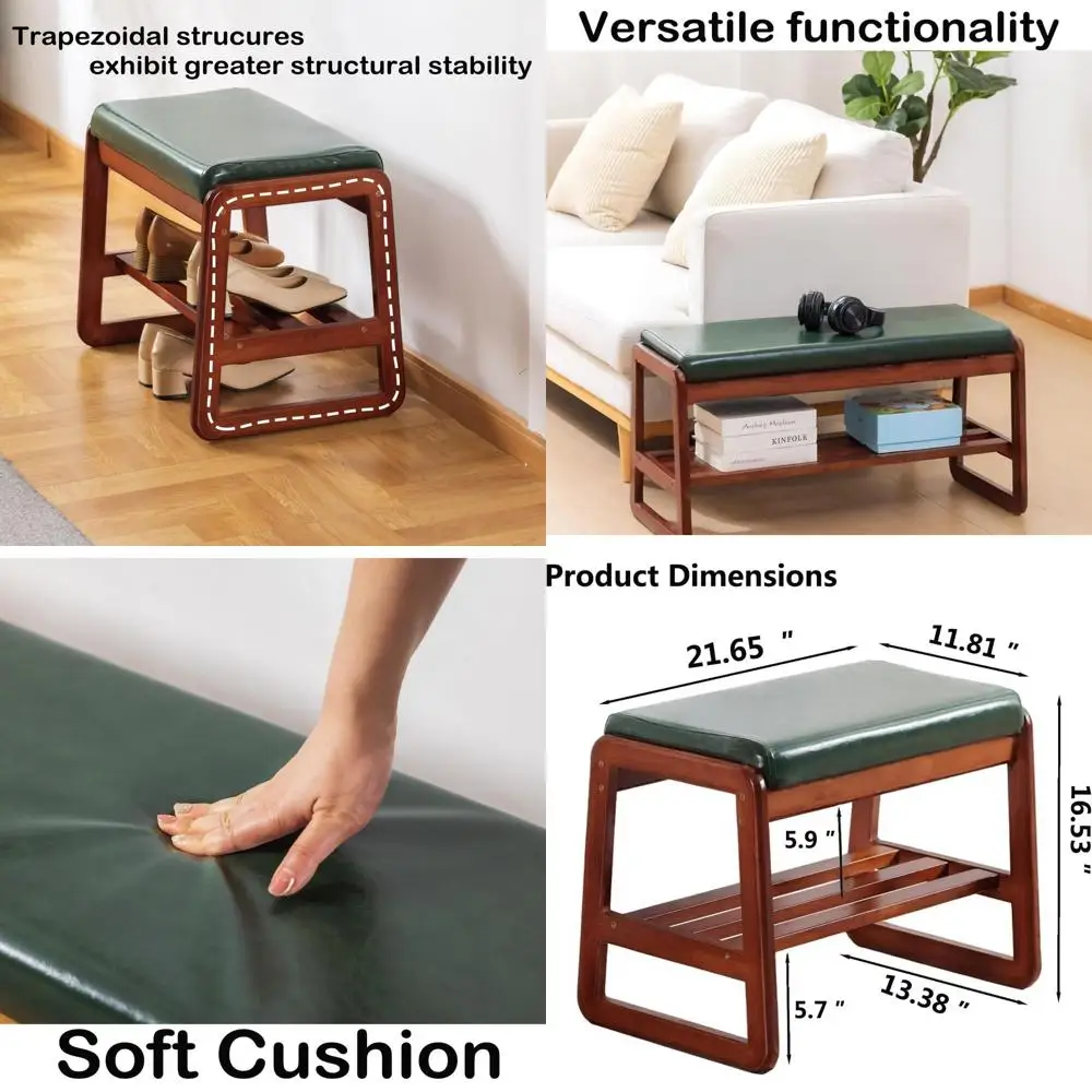 Green Cushioned Solid Wood Shoe Bench for Entryway Hallway - 21.65