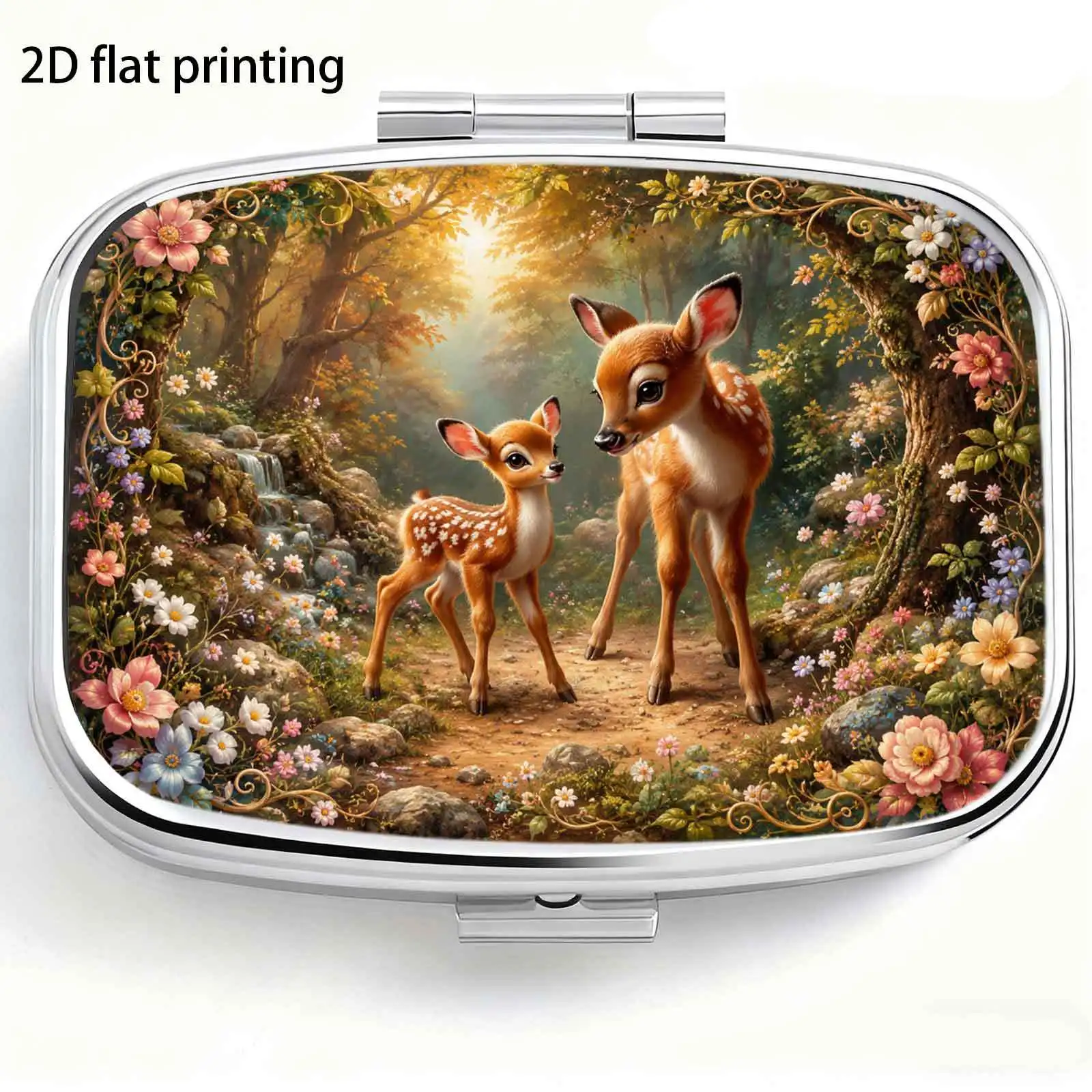 Single-piece, flat, square double-compartment storage box, decorated with forest flowers and elk patterns, designed for walking assistance and daily use, luxurious and high-end, suitable as a gift for close friends, made of durable metal and plastic materials