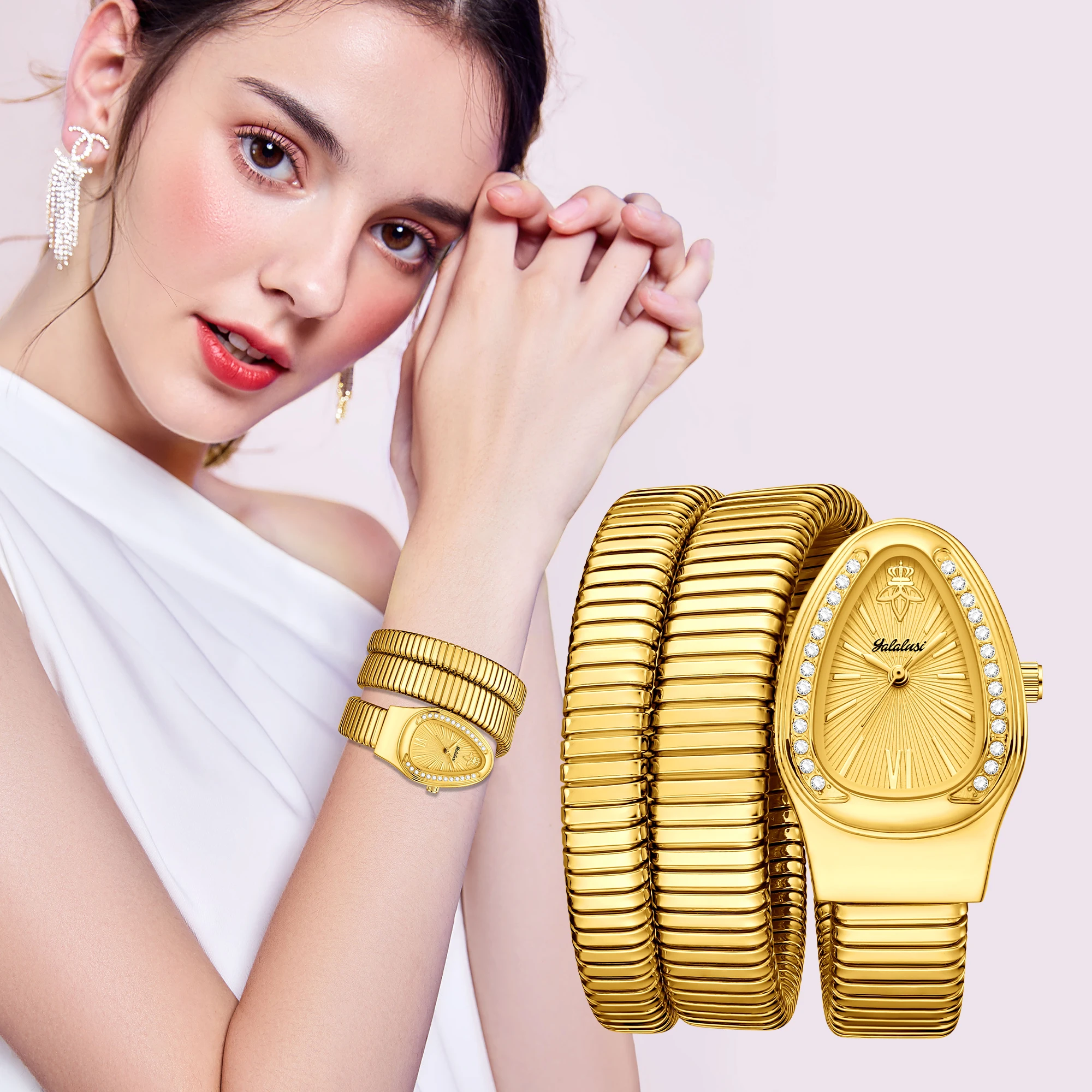 YaLaLuSi Shining Diamond Fashion Quartz Watch For Women Snake Design Three Loop Bracelet Watches Gold Relojes Para Mujer