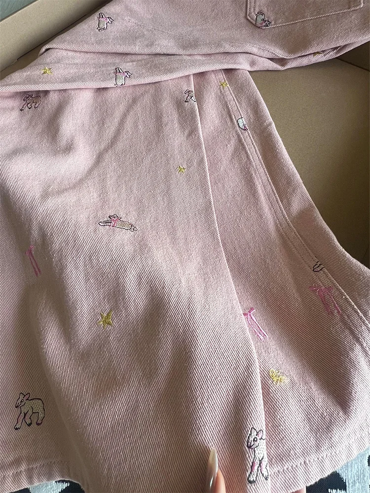 

Pink Bow Embroidered Jeans For Women 2025 New High Waisted Versatile Wide Leg Denim Pants Retro Casual Sheep Straight Trousers