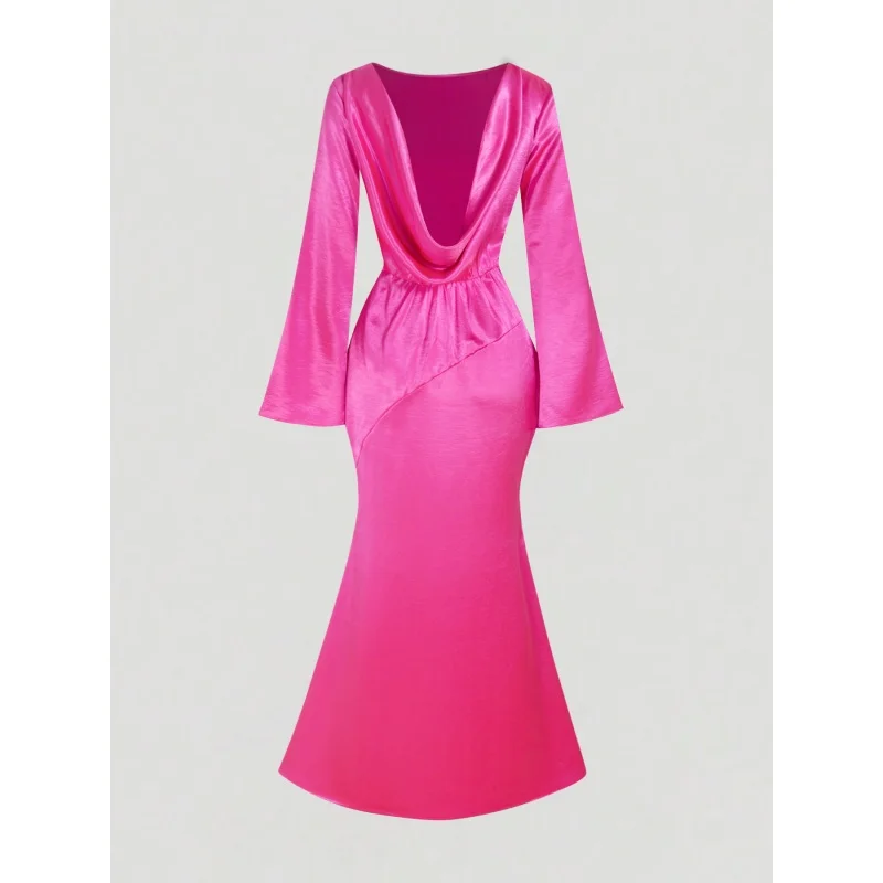 Satin-Meerjungfrauenkleid für Damen, langes Abendkleid mit ausgestellten Ärmeln, Rückenfreies, figurbetontes, formelles Maxikleid für Hochzeitsgäste und Partys – Detail 8