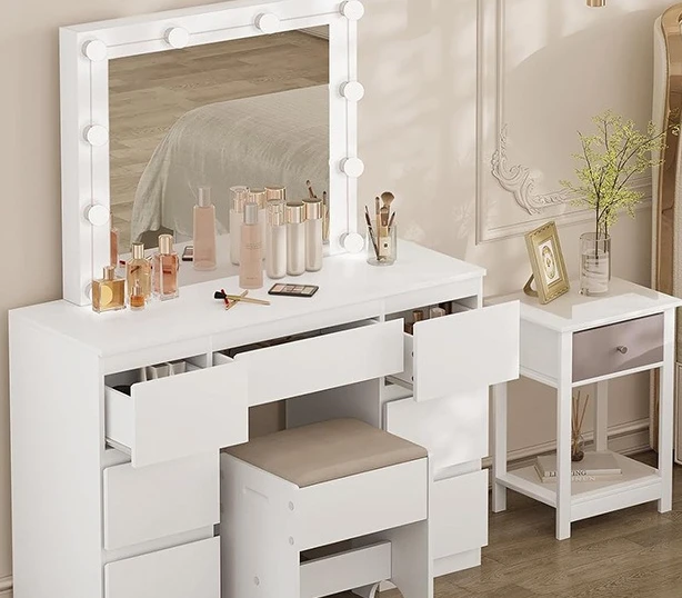 Lamp dressing table, wood material, mirror LED light, adjustable brightness, dressing table
