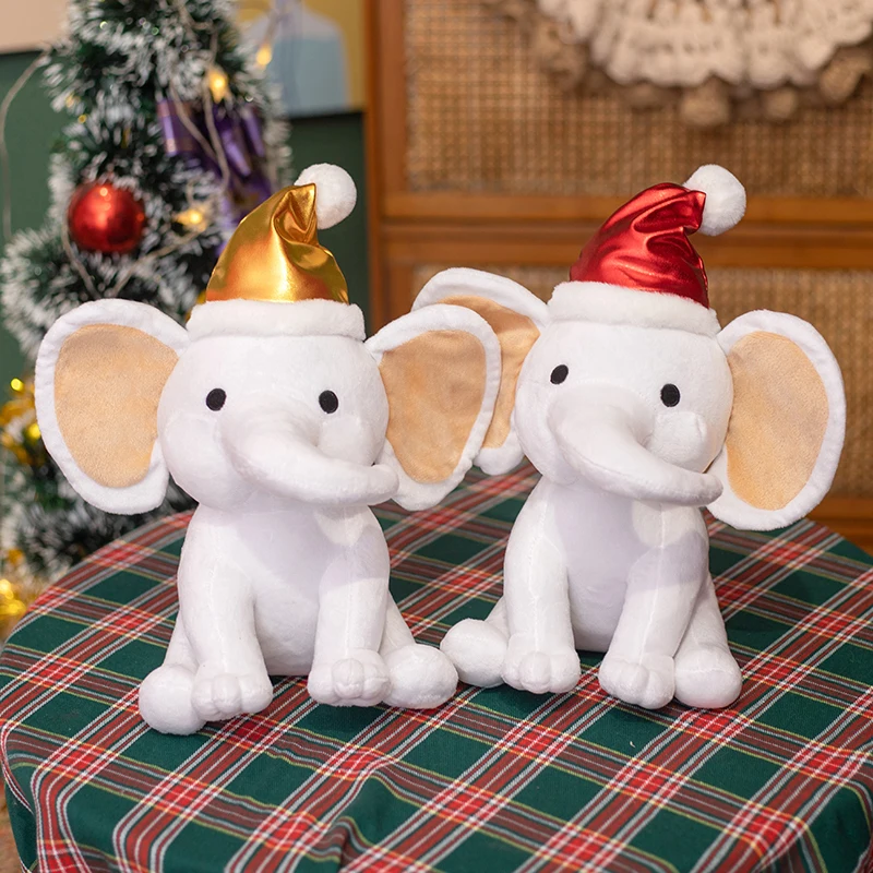 Éléphant de dessin animé câlin assis moelleux, chapeau de père Noël au beurre, jouets en peluche de Noël, décor de fête à la maison doux, cadeau mignon