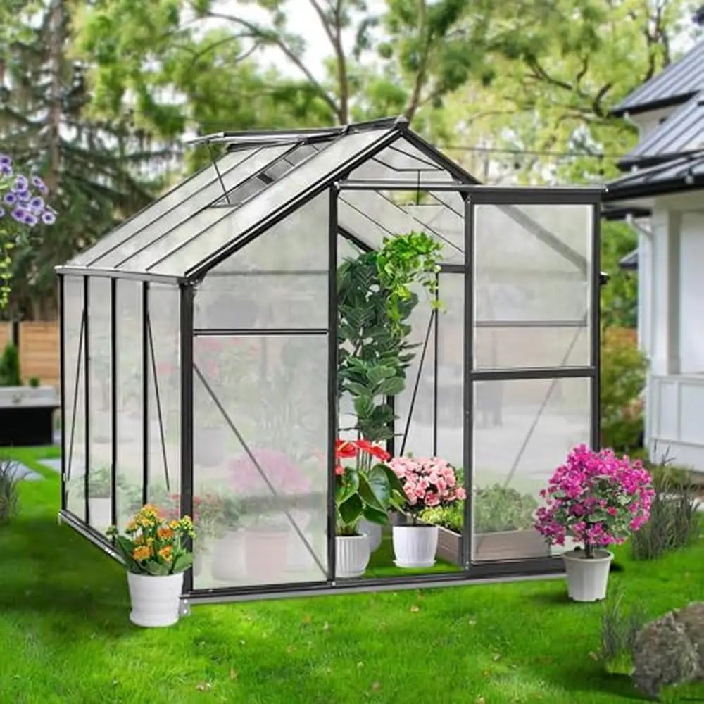 

6x10 FT Walk-in Outdoor Greenhouse with Durable Polycarbonate Panels Aluminum Frame Rain Gutters Adjustable Roof Vent Plant