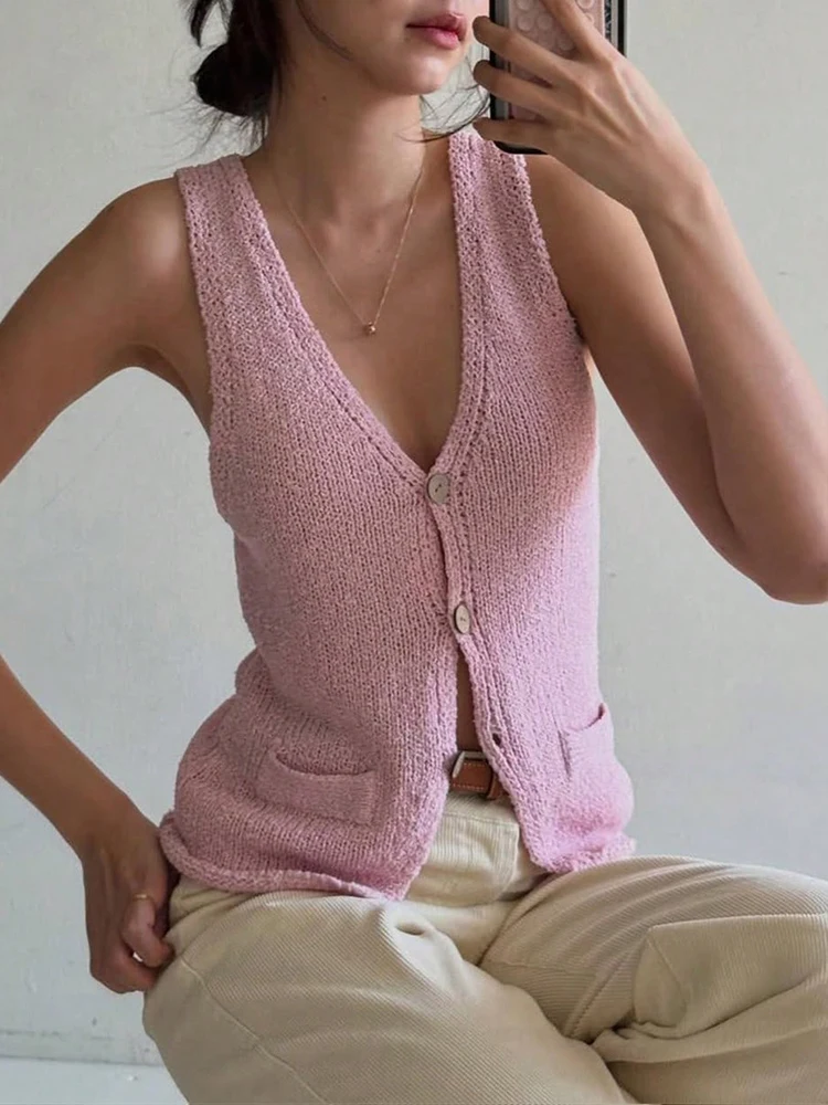 

Pop Korean Solid V-neck Casual Wool Cardigan Fashionable Sleeveless Vest With Button Vest Top Soft Pink Versatile Women's Clothi