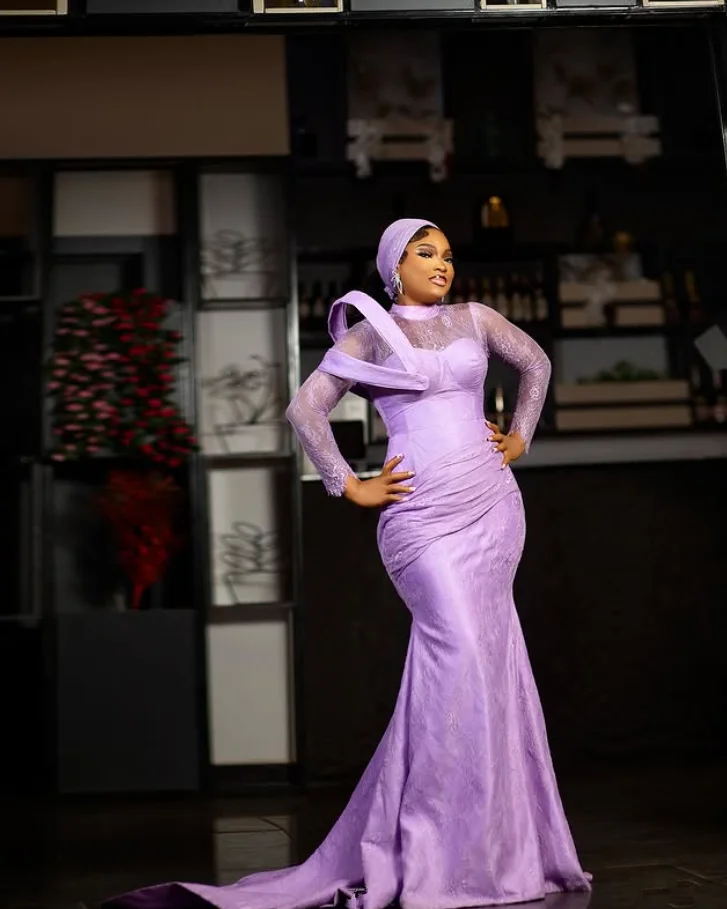 

Сиреневое лавандовое платье русалки в нигерийском стиле для выпускного вечера, роскошное кружевное мусульманское вечернее платье с рюшами и длинными рукавами, наряд на заказ