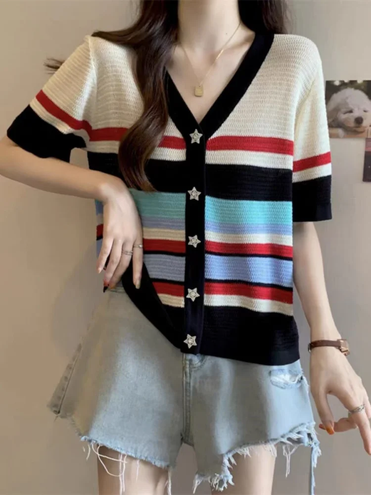 High-end Fashion Design Cut-out Stripe Knit Short Sleeve Women\'s T-shirt Sandros Sweater Cardigan Casual Ice Silk 2024 New