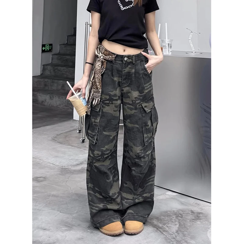 

MEXZT Y2K Camouflage Cargo Jeans Women Vintage Streetwear Wide Leg Denim Pants Harajuku Korean Baggy Casual Straight Trousers