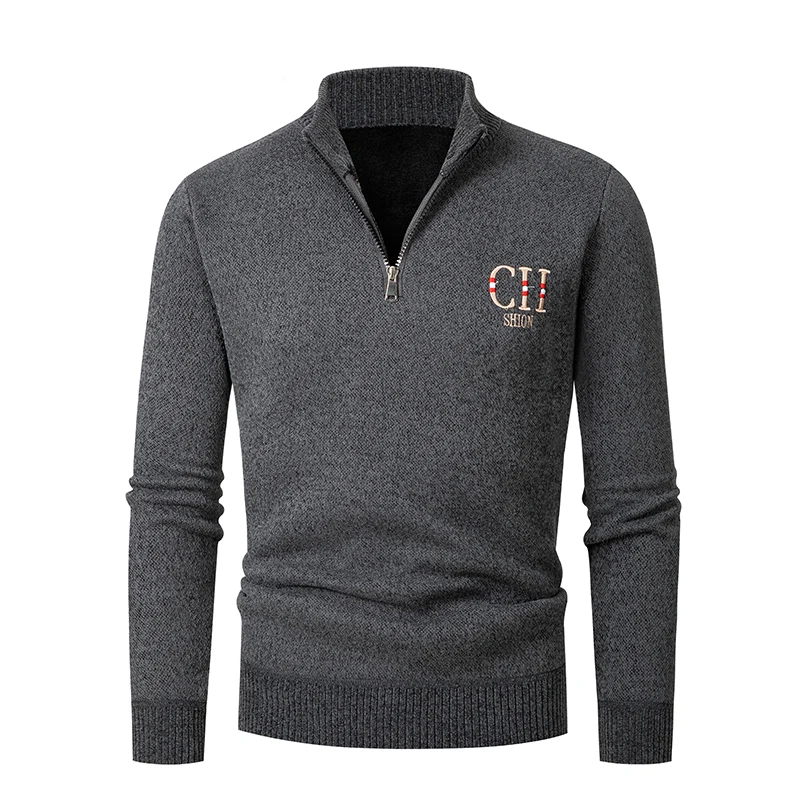 Pull chaud brodé à manches longues pour hommes avec col montant et fermeture éclair, chemise décontractée, vêtements pour hommes, automne et hiver, nouveau