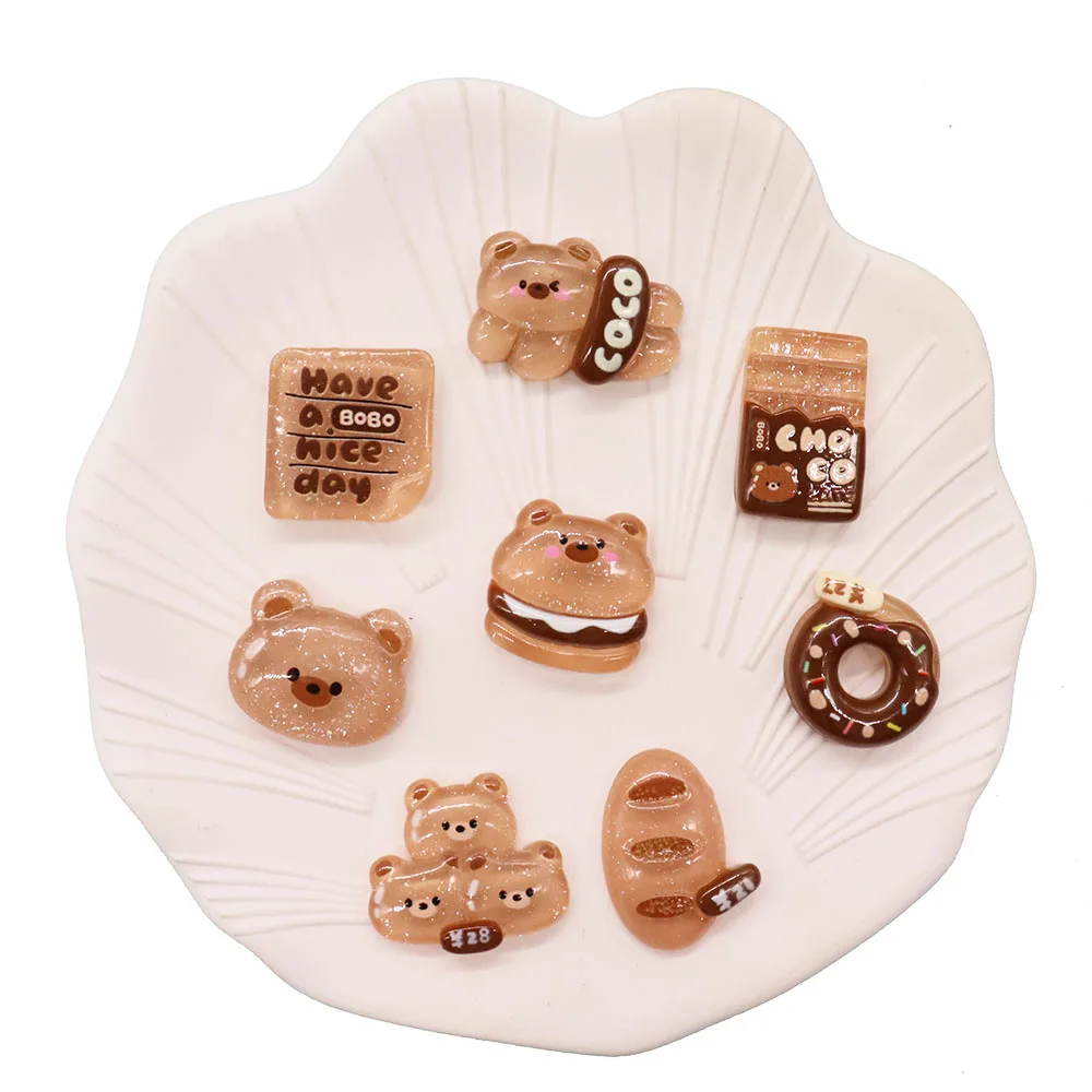 8Pcs Hamburger Bread Bear Resin Have a Nice Day Shoes Charms Lovely Slipper Buckle Decorations Fit Kids Wristband