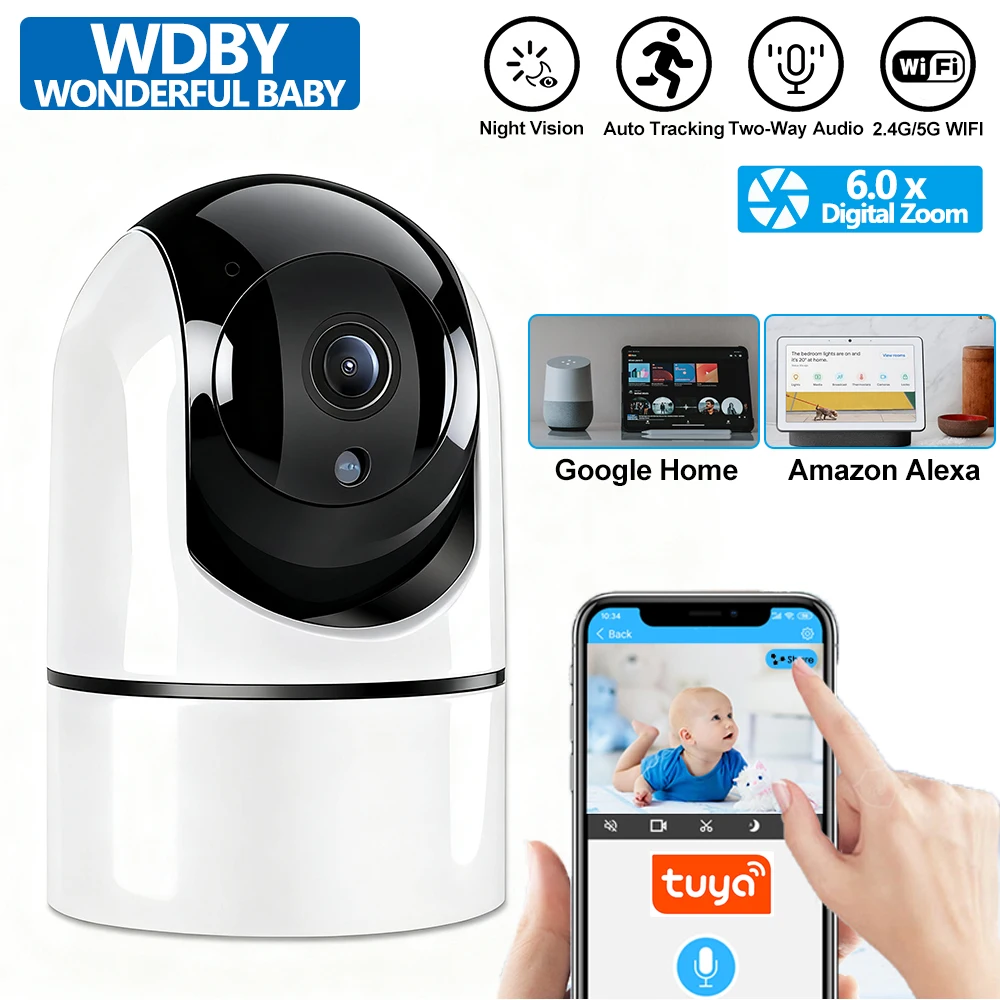 

5G WiFi TUYA Baby Monitor, 6-мегапиксельная HD-камера для внутреннего использования, автоматическое отслеживание, совместимость с Alexa и Tuya Smart, для ухода за ребенком и обеспечения безопасности дома