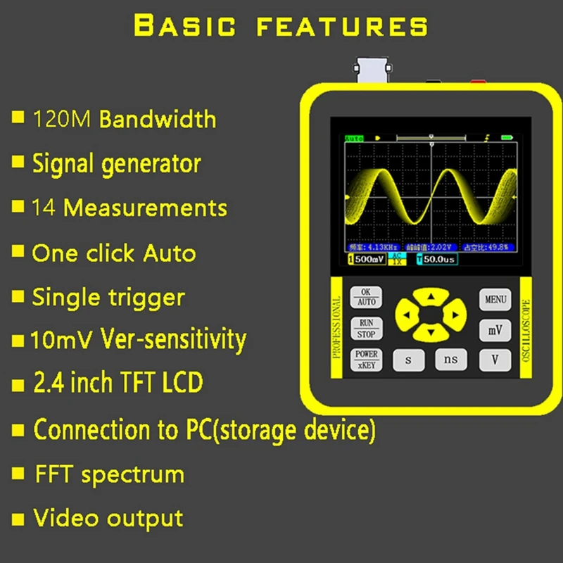 

HOT-DSO1511G 2.4-Inch Screen Digital Oscilloscope 120Mhz Analog Bandwidth Support Signal Generator Handheld Oscilloscope