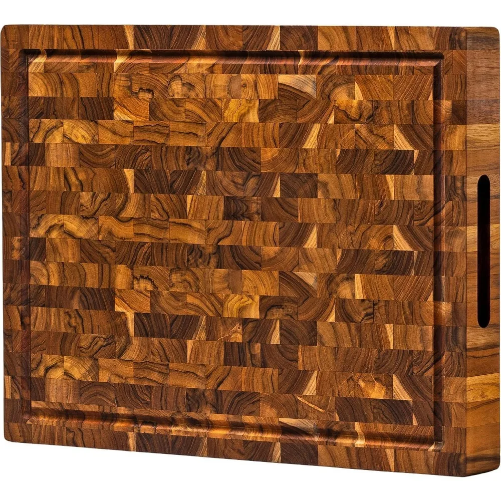 

Extra Large End Grain Butcher Block Cutting Board [1.5" Thick]. Made of Teak Wood and Conditioned with Beeswax, Flaxseed Oil & L