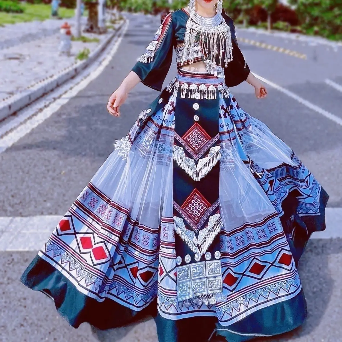 Embroidered Printing Seven-cent Sleeve Dark Green Miao Clothing Amao Guizhou Thousand Families Miao Village Yunnan Minority